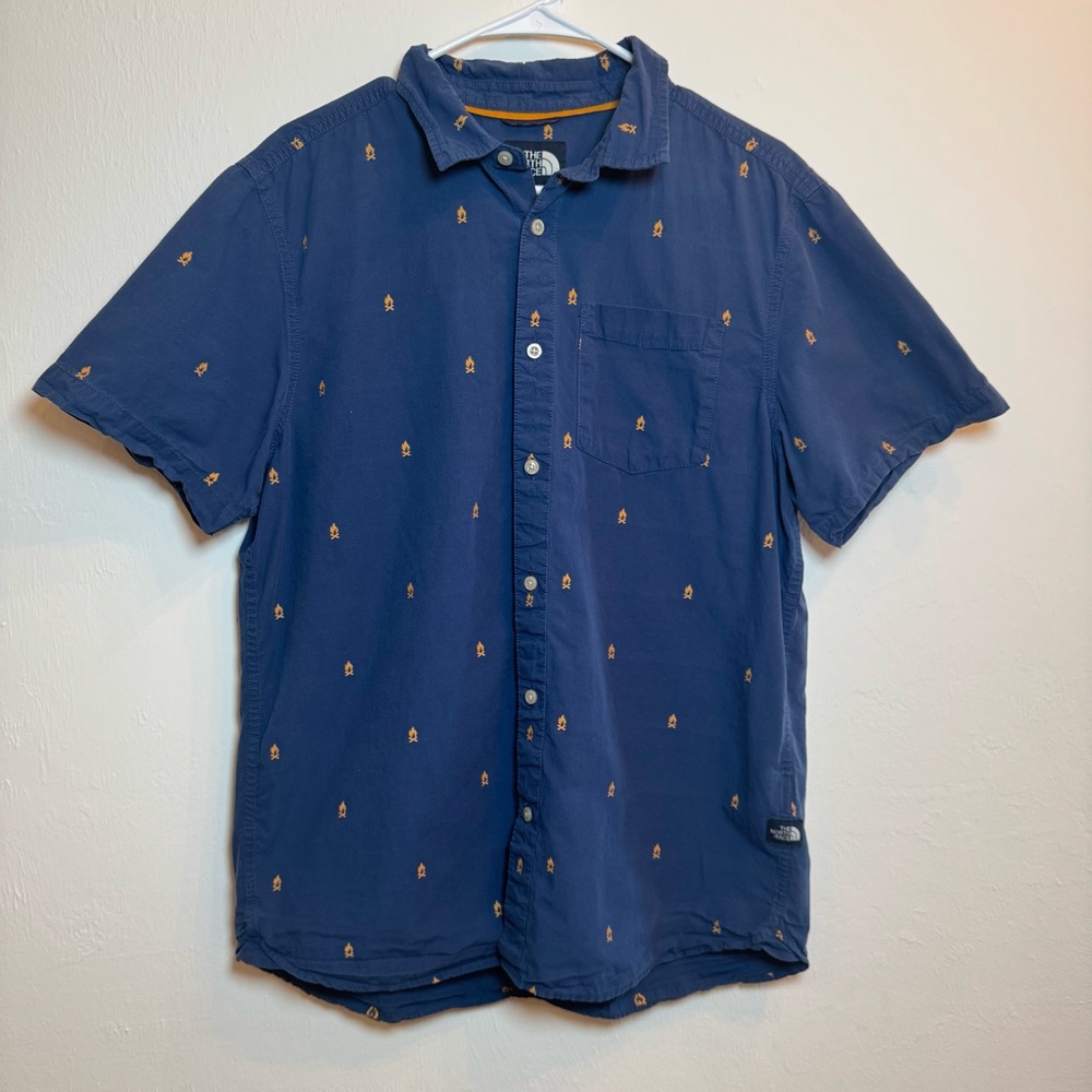 The North Face Mens Button Down Shirt‎ LG Blue Embroidered Campfire Short Sleeve